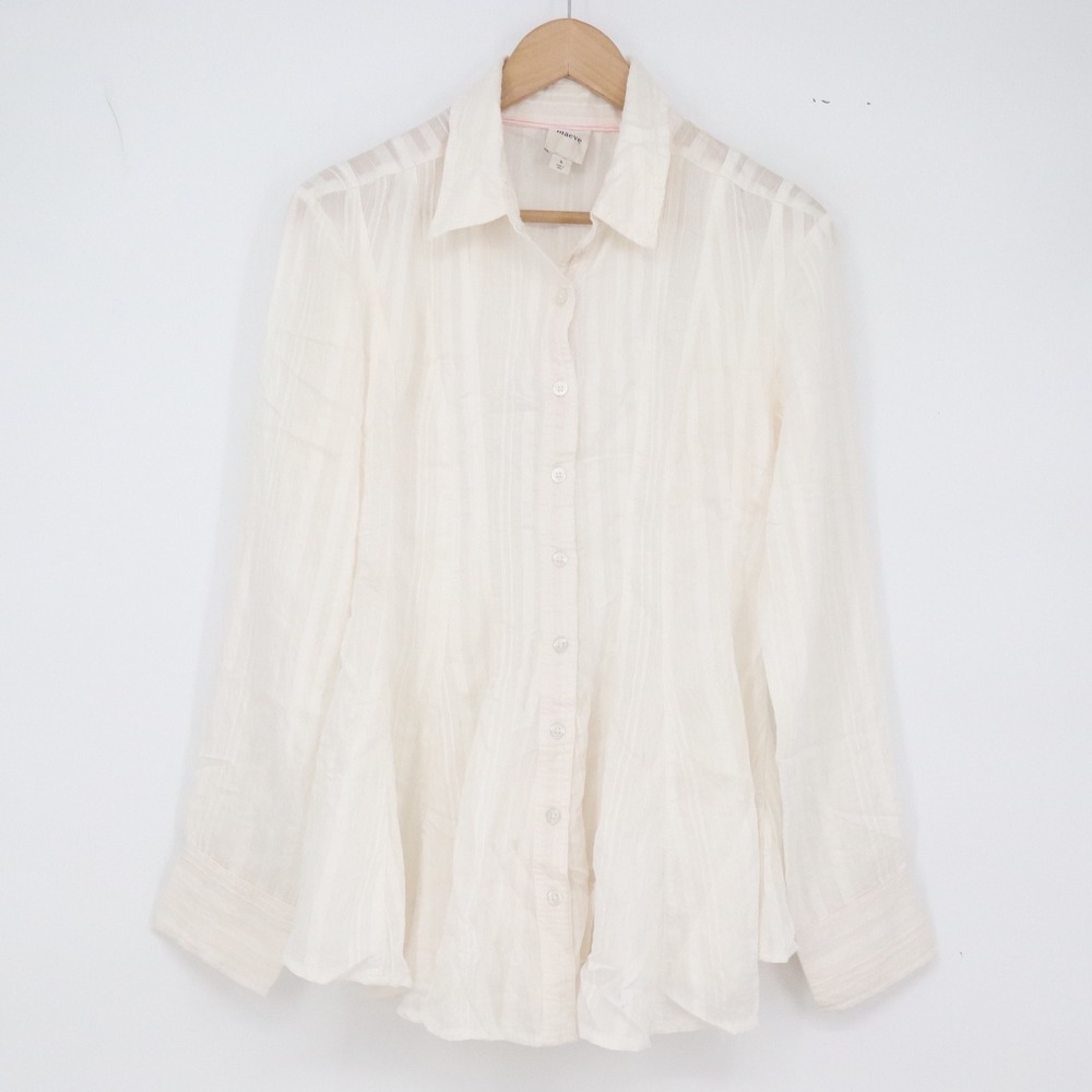 Maeve Button Down Womens S Peplum Ivory Textured Stripe Long Sleeve Excellent